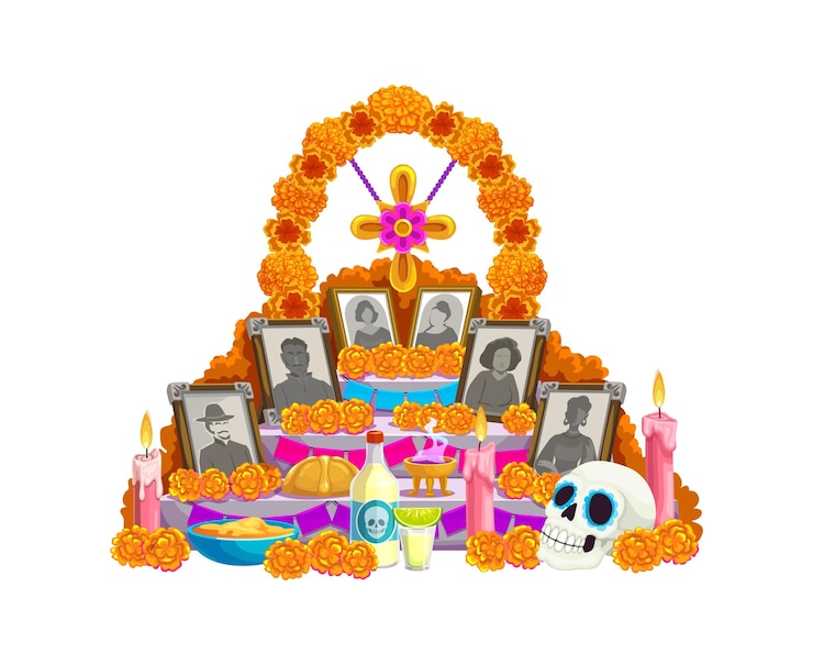 Vector el día de los muertos mexicano del altar de ofrenda