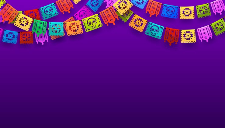 Vector día de los muertos mexicano fondo festivo con banderas de papel picado cartel vectorial día de los muertos o fiesta y carnaval celebración de la cultura y la tradición de méxico con papel picado