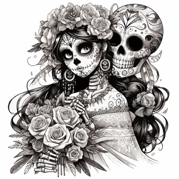 Día de los muertos pareja romántica shillouette