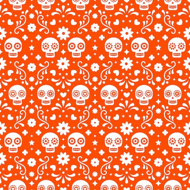 Vector día de los muertos de patrones sin fisuras con calaveras y flores.