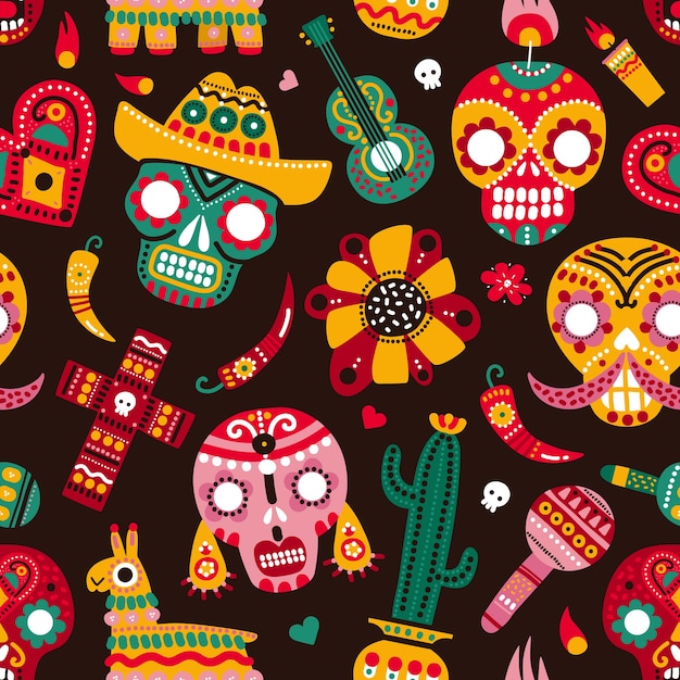 Día de muertos de patrones sin fisuras. Calaveras, guitarra y pimiento picante de llama, corazón y flor. Textura de vector mexicano dia de los muertos.