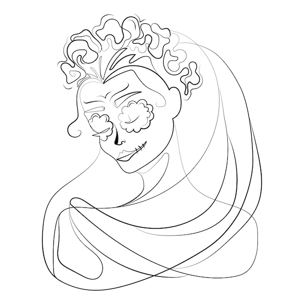 Día de los muertos,retrato de catrina mexicana con calaveras maquilladas y corona floral,vector de dibujo lineal