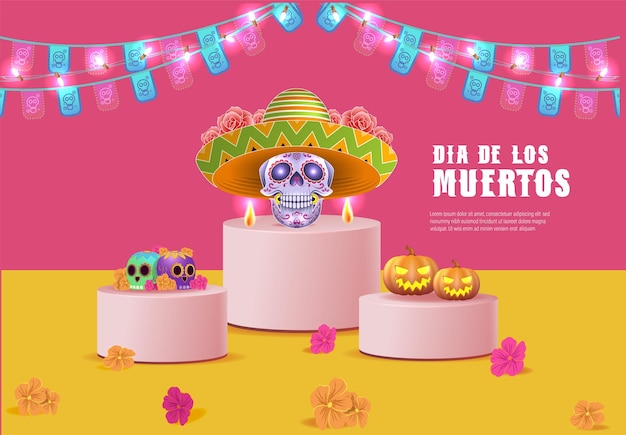 Dia de los muertos significa Día de los muertos. Festival de vacaciones mexicano Plantilla Banner Vector Diseño