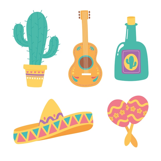 Día de muertos, sombrero de tequila cactus guitarra y maracas, celebración mexicana.