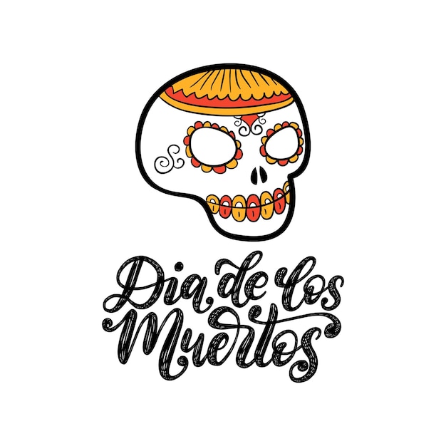 Dia de los muertos traducido de la frase manuscrita del día de muertos en español. ilustración de vector de calavera sobre fondo caligráfico. concepto de diseño de invitación a fiesta, tarjeta de felicitación.