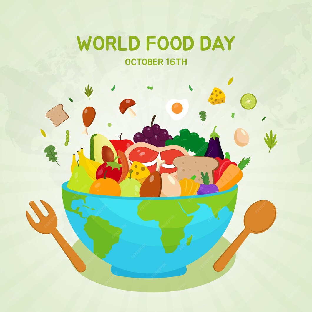 Día mundial de la alimentación 16 de octubre con comidas frutas y verduras ilustración sobre