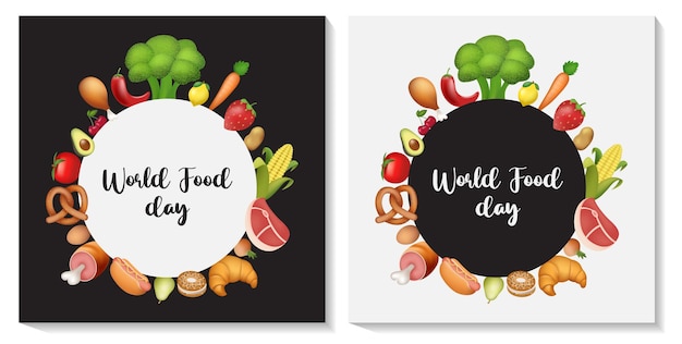 Día Mundial de la Alimentación el 16 de octubre. Diseño de concepto de ilustración del día mundial de la alimentación con dibujos animados de alimentos.