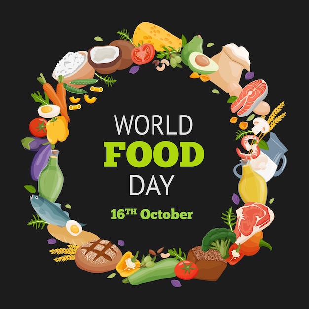 Día Mundial de la Alimentación Diferentes alimentos frescos en la tarjeta de felicitación sobre fondo negro Ilustración vectorial
