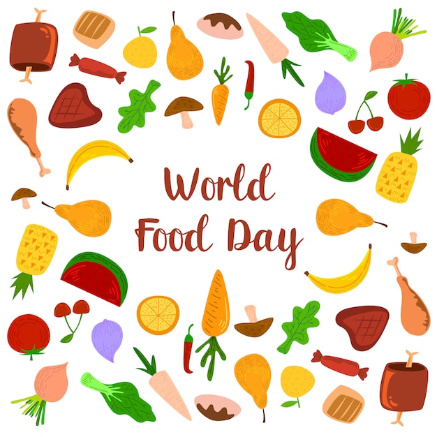 Día Mundial de la Alimentación con elementos coloridos de frutas, carnes y verduras