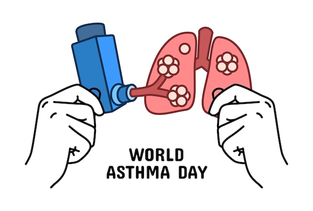 Día Mundial del Asma Diseño Ilustración Respiración pulmones alvéolos pulmonares enfermedad