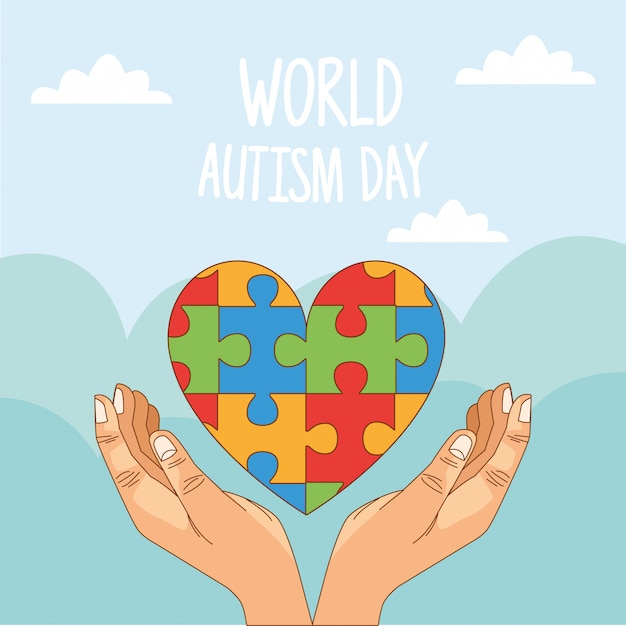 Día mundial del autismo con manos y corazón de rompecabezas