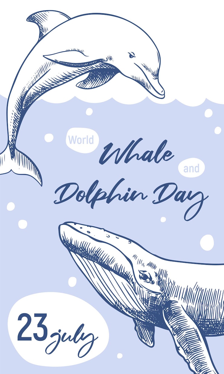 Vector día mundial de la ballena y el delfín 23 de julio cartel vertical vectorial las ballenas se dibujan con la técnica de grabado