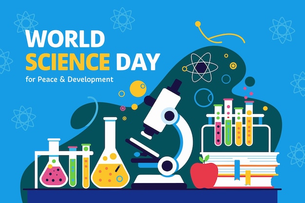 Día Mundial de la Ciencia colores brillantes tubos de ensayo de microscopio libros de química frascos de manzana científicos