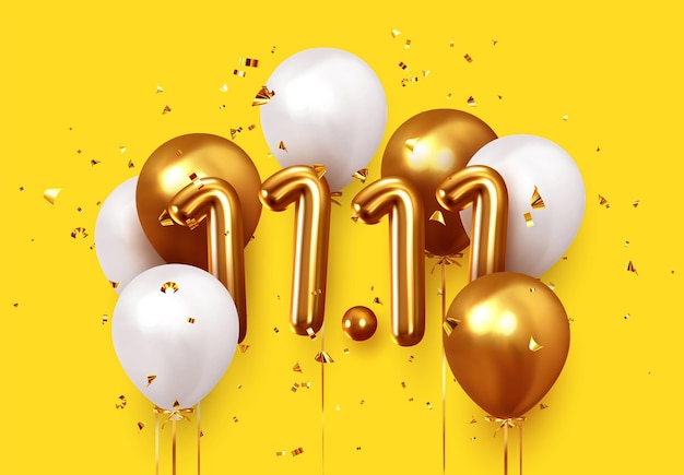 Día Mundial de las Compras 11.11. Venta mundial. Gran venta del año. Globos dorados y blancos realistas. Diseño de fondo números metálicos fecha 11.11 y globo de helio en cinta, confeti brillante brillante