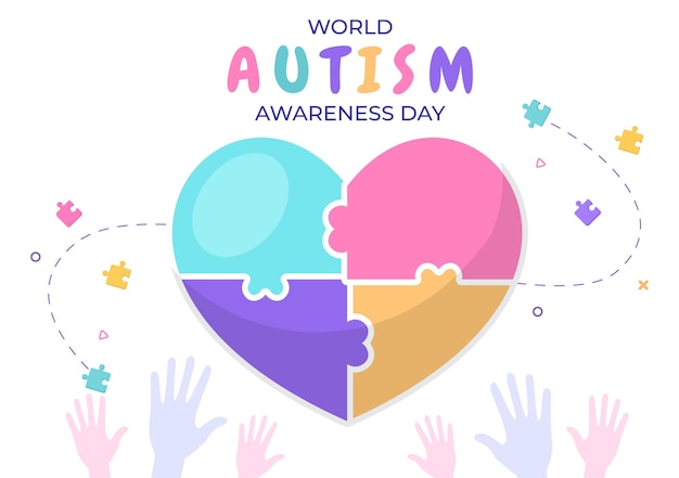 Día mundial de concientización sobre el autismo con la mano de piezas de rompecabezas adecuadas para tarjetas de felicitación, carteles o pancartas en ilustraciones de diseño plano