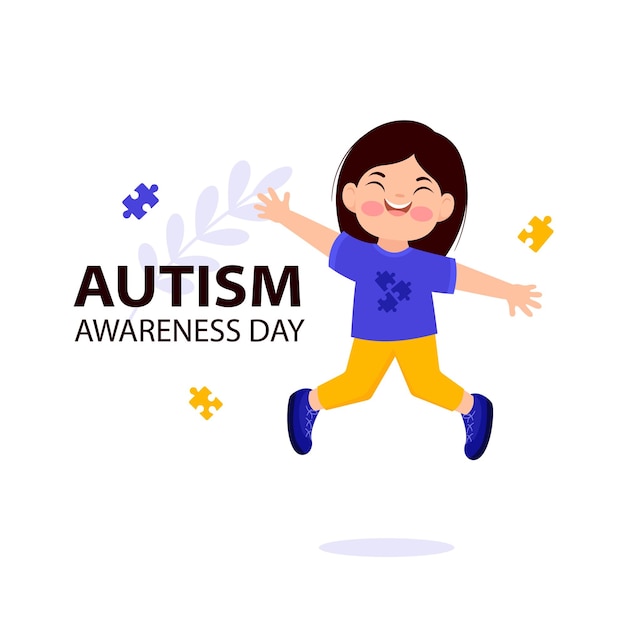 Día mundial de concientización sobre el autismo con niña saltando y piezas de rompecabezas.