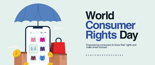 Día Mundial del Consumidor Bandera de celebración del Día de los Derechos del Consumedor con bolsas de compras del globo terrestre