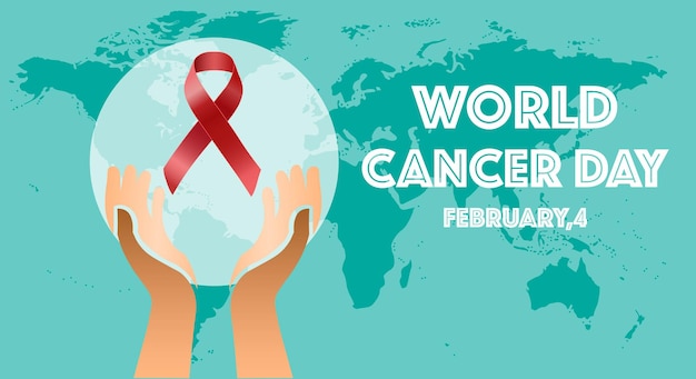 Día mundial contra el cáncer, 4 de febrero. texto con el símbolo de la cinta roja, palmas de las manos y mapa del mundo. ilustración de vector del concepto del día mundial del cáncer. ilustración vectorial