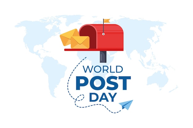 Día Mundial del Correo con papel de correo volador en el mundo con fondo de mapa mundial