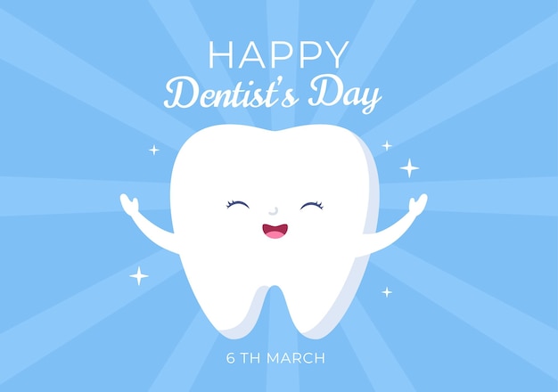 Día mundial del dentista con dientes y cepillos de dientes para prevenir caries y atención médica en dibujos animados planos Ilustración de fondo adecuada para afiches o pancartas