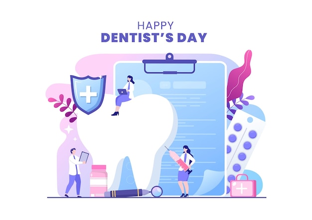 Vector día mundial del dentista con dientes y odontología para prevenir caries y atención médica en dibujos animados planos ilustración de fondo adecuada para afiches o pancartas