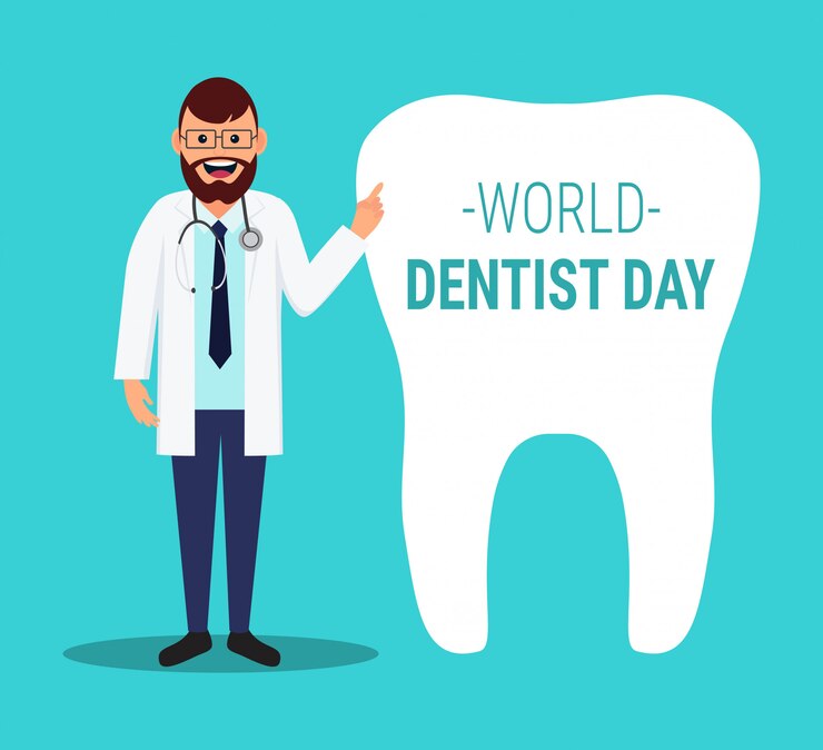 Día mundial del dentista. Ilustración con médico y diente