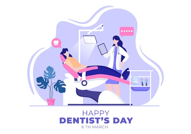 Día mundial del dentista con odontología y paciente en sillón en ilustración de fondo de dibujos animados plano adecuado para afiche o pancarta