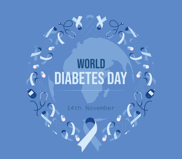 Día Mundial de la Diabetes. Cinta, ilustración de garabatos estetoscopio.