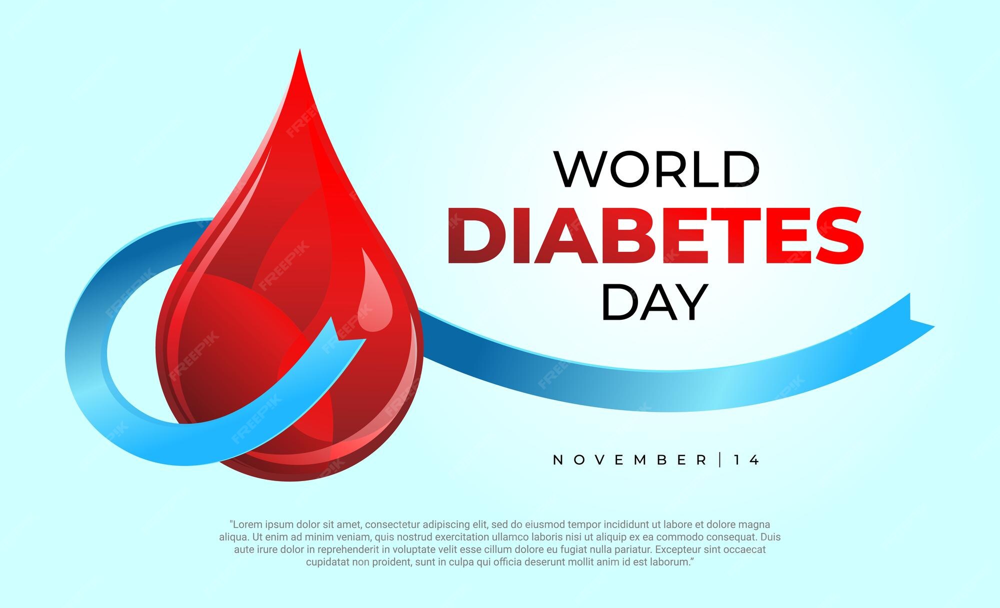 Día mundial de la diabetes. gota de sangre con cinta en un diseño de