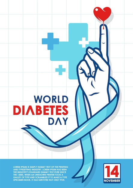 Día mundial de la diabetes con vector de plantilla de mano y cinta