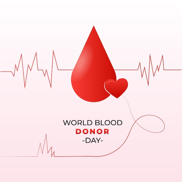 Día mundial del donante de sangre corazón y gota de sangre con ilustración de vector de línea de latido del corazón
