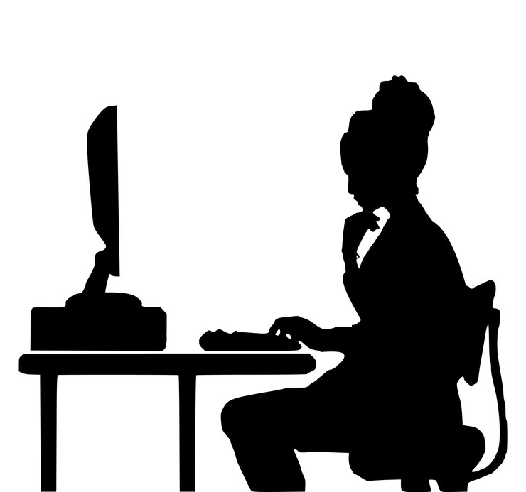 Vector día mundial de la escritura de cartas una mujer está trabajando en una computadora con un monitor de computadora detrás de ella