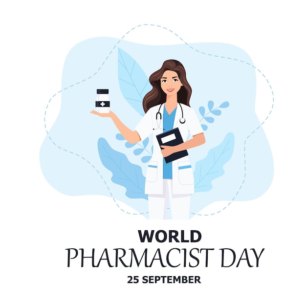 Día Mundial de los Farmacéuticos que se celebra el 25 de septiembre Doctor Medicina y Píldoras Concepto para pancarta de fondo o póster Página de inicio Ilustración vectorial