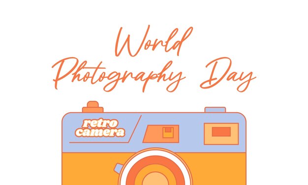 Vector día mundial de la fotografía 19 de agosto estilo retro groovy concepto de vacaciones cartón de cartel y cartel de fondo ilustración vectorial