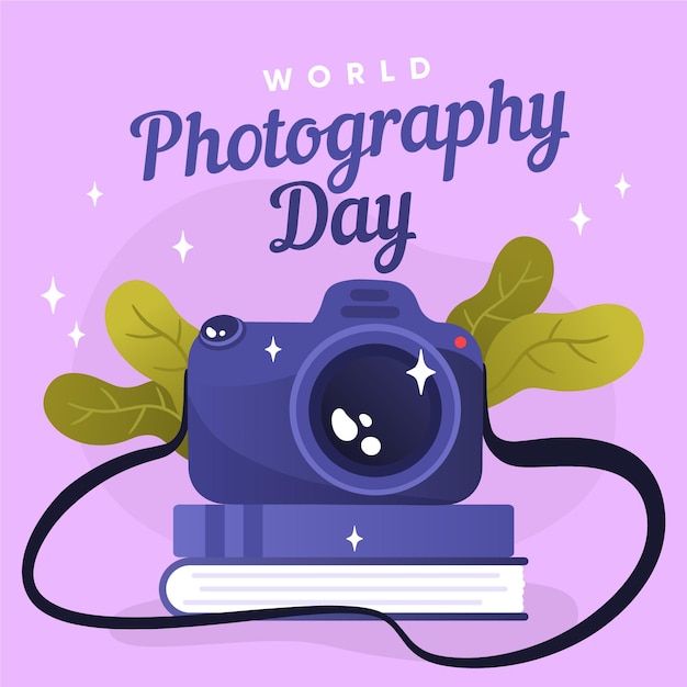 Vector día mundial de la fotografía con cámara y follaje