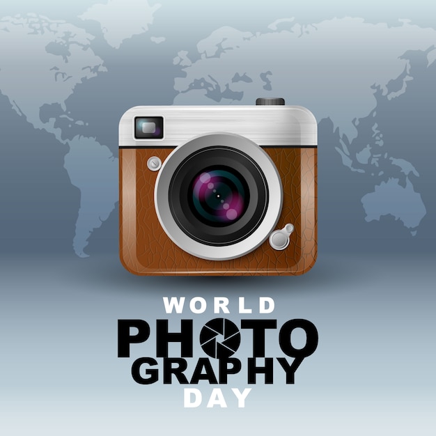 Día mundial de la fotografía, evento, cámara vintage, logotipo, tipografía.