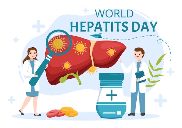 Día Mundial de la Hepatitis Ilustración vectorial del hígado enfermo del paciente y cirrosis en el cuidado de la salud