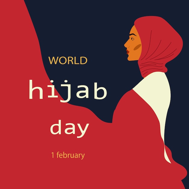 Día mundial del hijab celebrado el 1 de febrero una mujer musulmana con un hijab ilustración vectorial de una niña