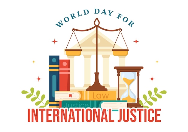 Día Mundial de la Justicia Internacional Ilustración vectorial con escalas o mazo de juez en plantillas