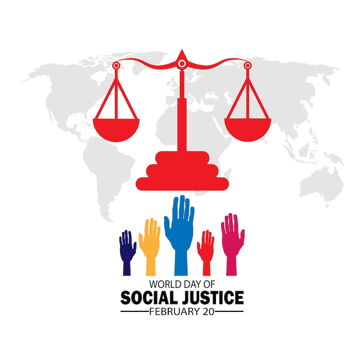 Vector día mundial de la justicia social 20 de febrero concepto de vacaciones plantilla para la tarjeta de bandera de fondo