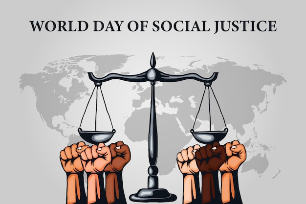 Día mundial de la justicia social con balanzas de justicia y manos apretadas con diversidad de piel de color