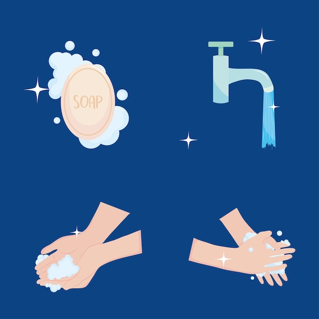 Día mundial del lavado de manos, jabón para lavarse las manos y grifo con ilustración de agua