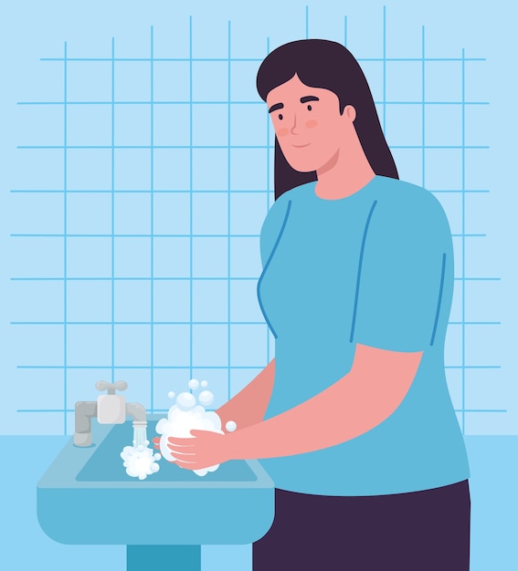 Día mundial del lavado de manos mujer que se lava las manos con diseño de grifo de agua, higiene, lavado, salud y limpieza