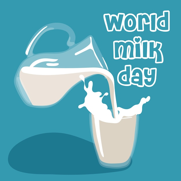 Vector día mundial de la leche 1 de junio ilustración vectorial un vaso de vidrio y una jarra de leche de la leche se vierte