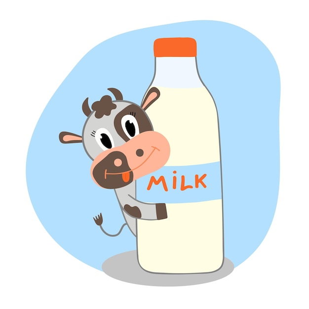 Vector día mundial de la leche una linda vaca sostiene una botella de leche vacaciones del 1 de junio alimentos saludables insignia de la etiqueta del logotipo o diseño ilustración vectorial