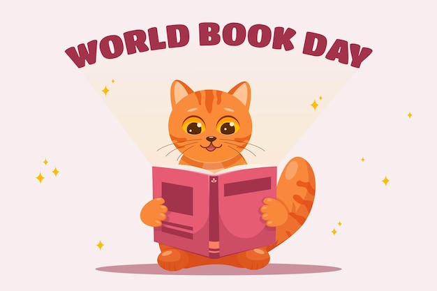 Día mundial del libro gato lindo leyendo vector lindo gracioso nerd gato rojo naranja leyendo libro dibujos animados para mascotas