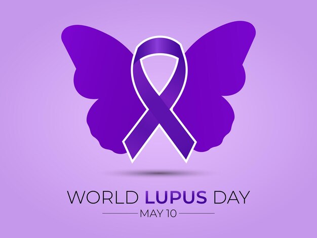 Vector día mundial del lupus 10 de mayo con una cinta púrpura en el fondo de un mapa del mundo