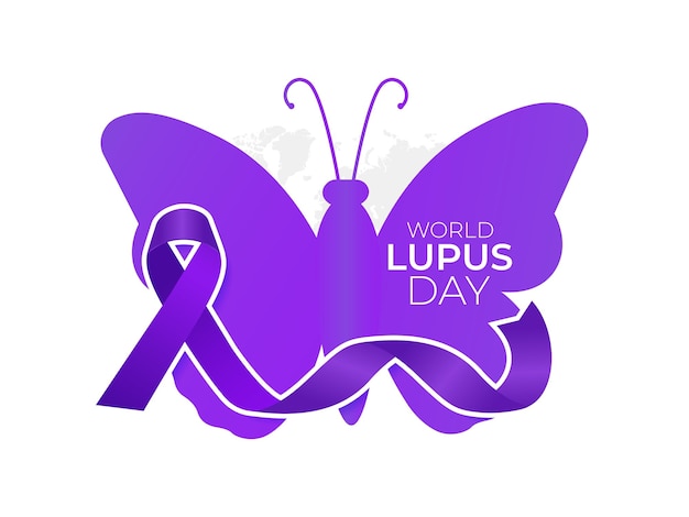 Vector día mundial del lupus 10 de mayo con una cinta púrpura en el fondo de un mapa del mundo