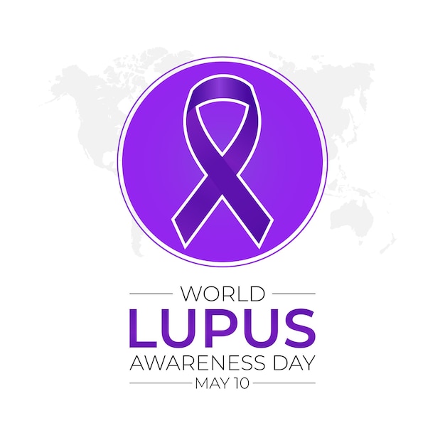 Día Mundial del Lupus 10 de mayo con una cinta púrpura en el fondo de un mapa del mundo