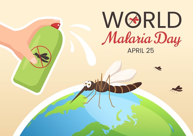 Día mundial de la malaria el 25 de abril ilustración con la tierra protegida de los mosquitos en dibujado a mano